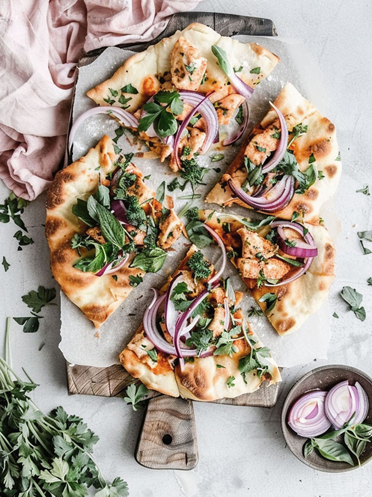 Herb-Crusted chicken Flatbread with Red Onion & Fresh Greens