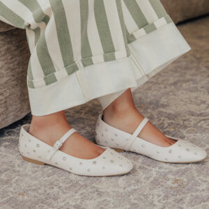 The Iris Rhinestone Embellished Faux Leather Flats in Cream